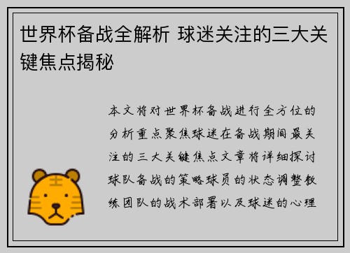 世界杯备战全解析 球迷关注的三大关键焦点揭秘