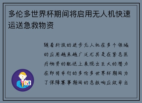 多伦多世界杯期间将启用无人机快速运送急救物资